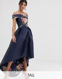 Chi Chi London Tall bardot neck prom dress with high low hem in navy floral   ASOS at Asos